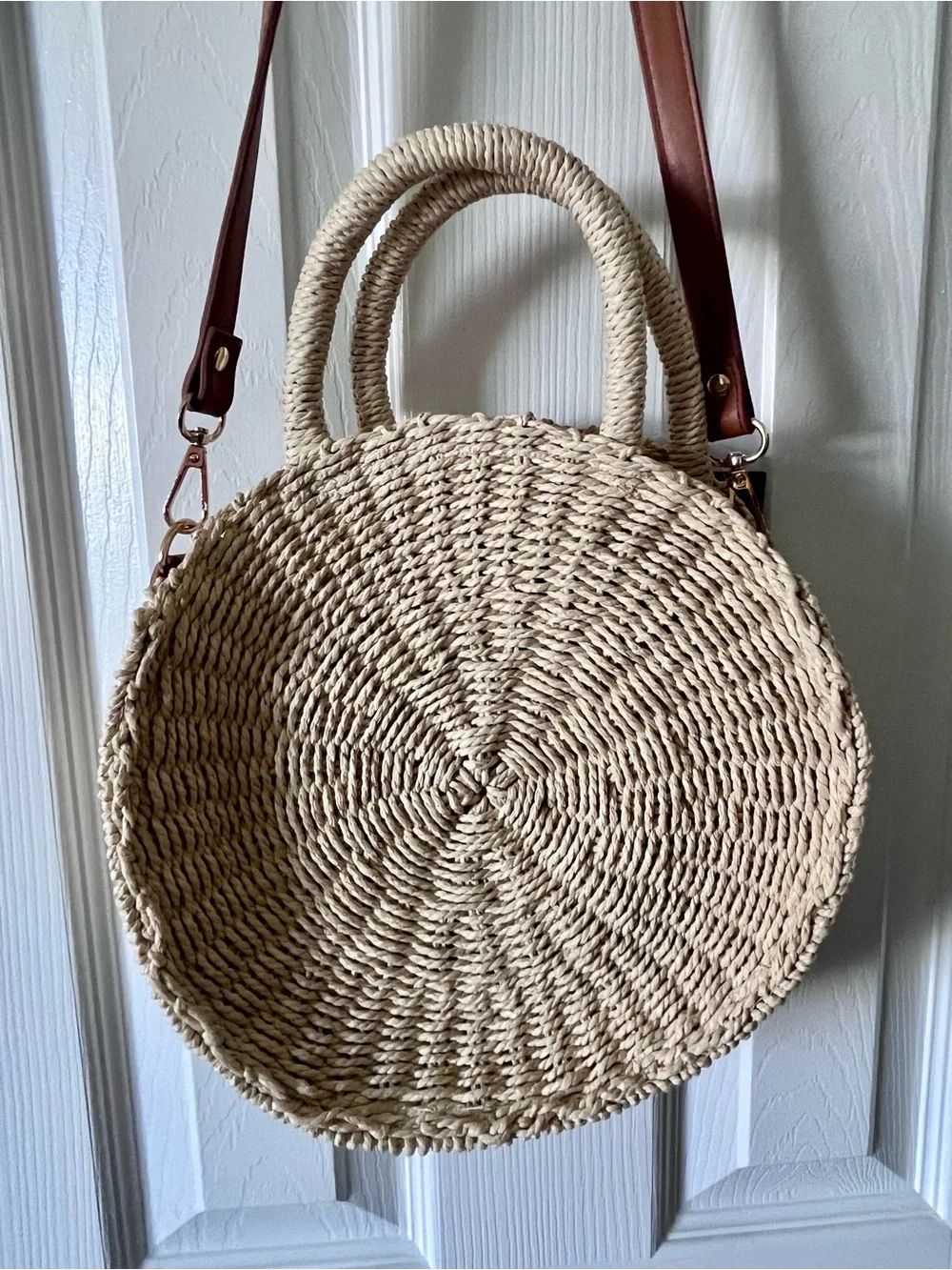 LOFT Woven Round Straw Tote Bag with Colorful 3D Dots - Detachable Strap -  NWT